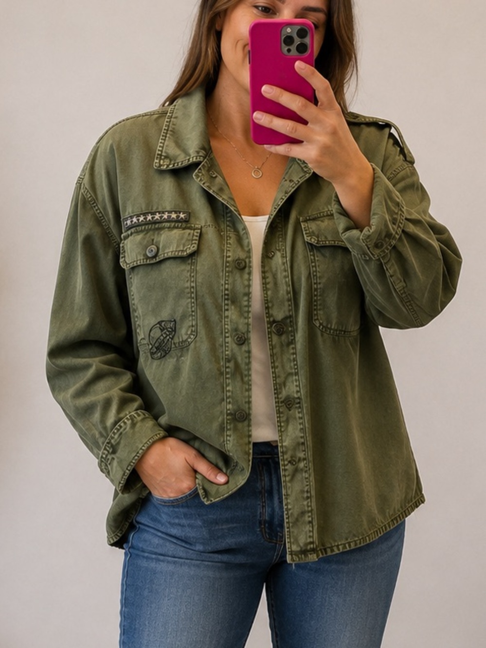 Lucky Brand Military M-65 Field Jacket Olive Green womens XLarge embroidered